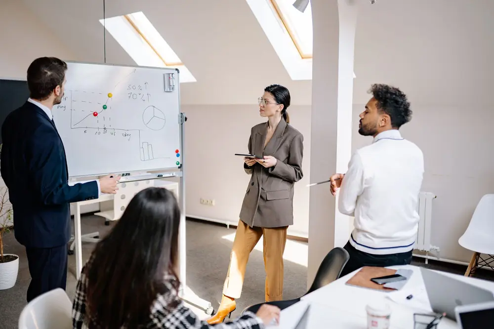 Office team in a meeting around a whiteboard